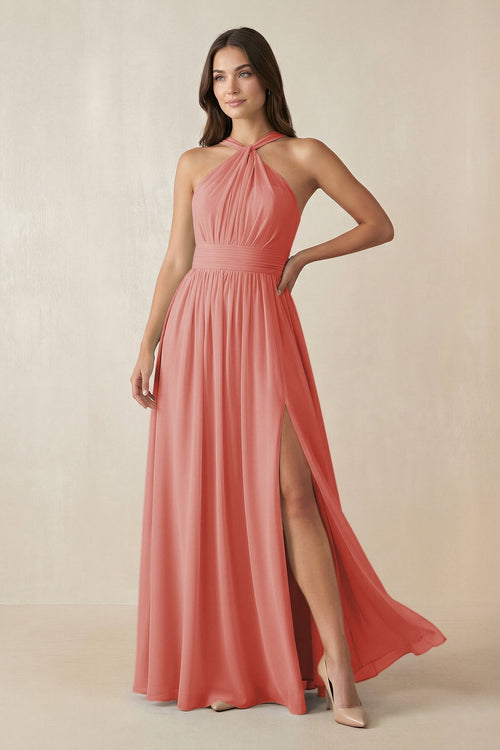 Halter Neck Ruched A-Line Chiffon Dress in Mulberry - SHE IS ME BRIDESMAID DRESSES