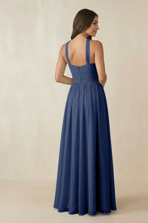 Halter Neck Ruched A-Line Chiffon Dress in Navy - SHE IS ME BRIDESMAID DRESSES
