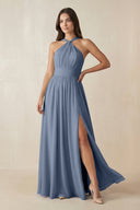Halter Neck Ruched A-Line Chiffon Dress in Neptune - SHE IS ME BRIDESMAID DRESSES