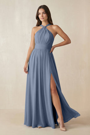 Halter Neck Ruched A-Line Chiffon Dress in Neptune - SHE IS ME BRIDESMAID DRESSES