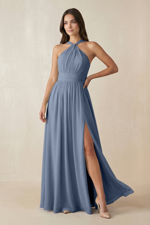 Halter Neck Ruched A-Line Chiffon Dress in Neptune - SHE IS ME BRIDESMAID DRESSES
