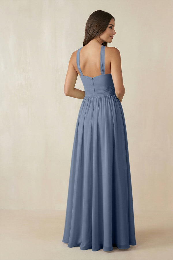 Halter Neck Ruched A-Line Chiffon Dress in Neptune - SHE IS ME BRIDESMAID DRESSES