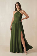 Halter Neck Ruched A-Line Chiffon Dress in Olive - SHE IS ME BRIDESMAID DRESSES