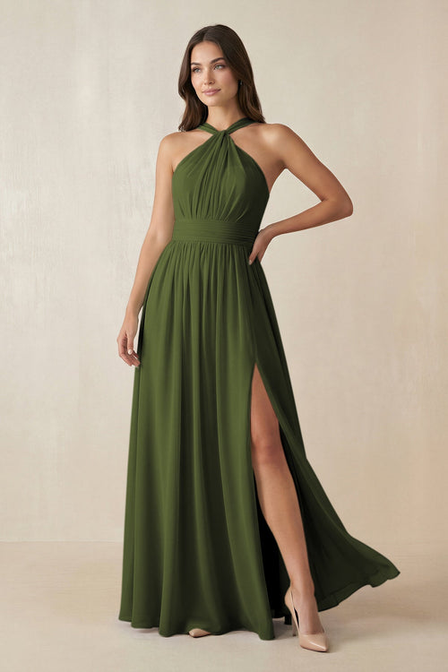 Halter Neck Ruched A-Line Chiffon Dress in Olive - SHE IS ME BRIDESMAID DRESSES