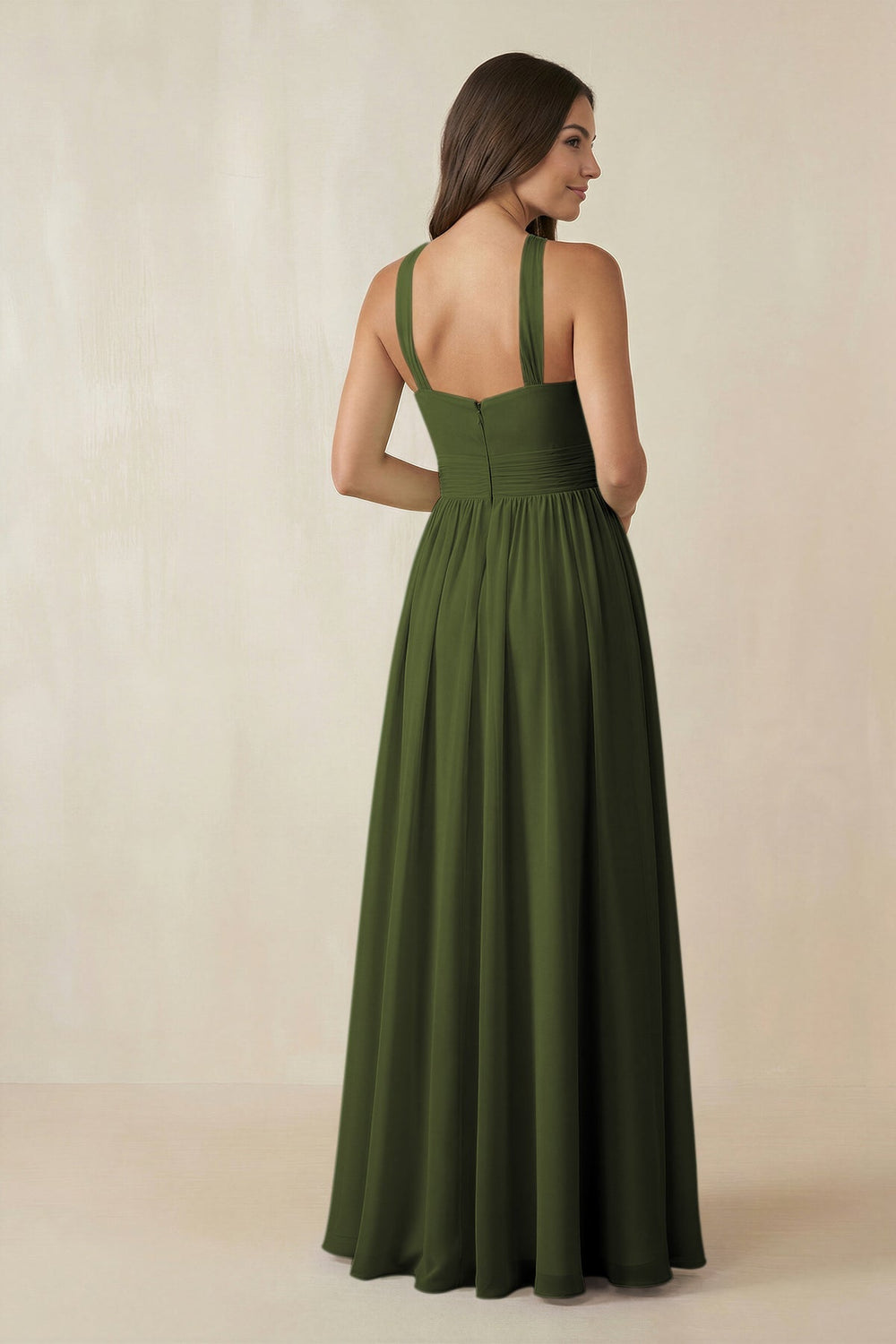 Halter Neck Ruched A-Line Chiffon Dress in Olive - KISS BRIDAL BRIDESMAID DRESSES