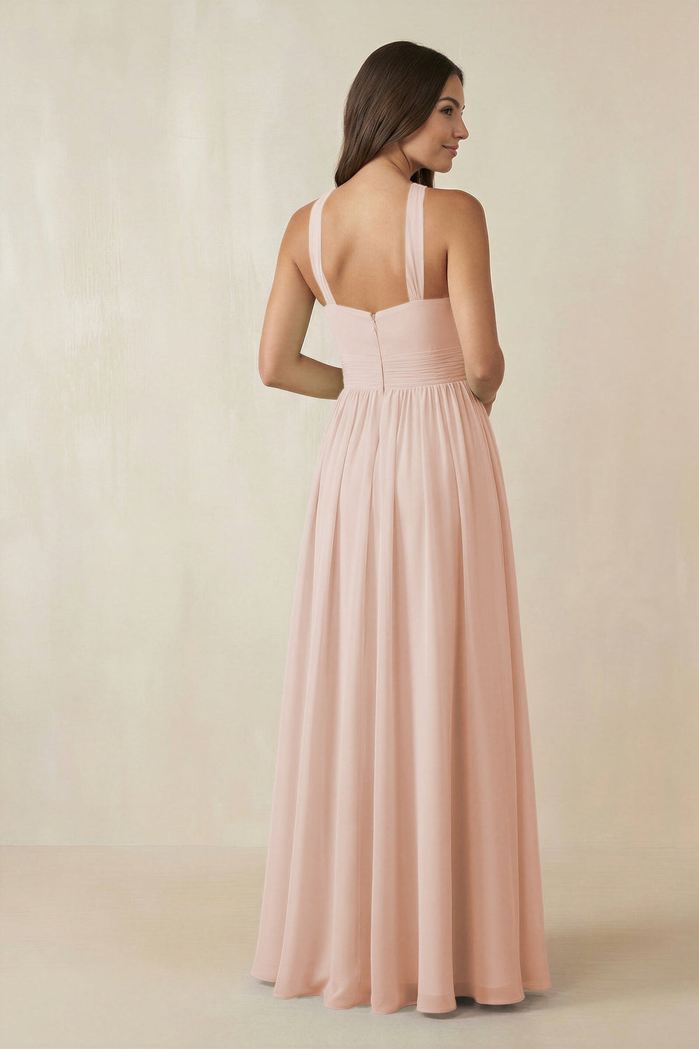 Halter Neck Ruched A-Line Chiffon Dress in Pale Blush - KISS BRIDAL BRIDESMAID DRESSES