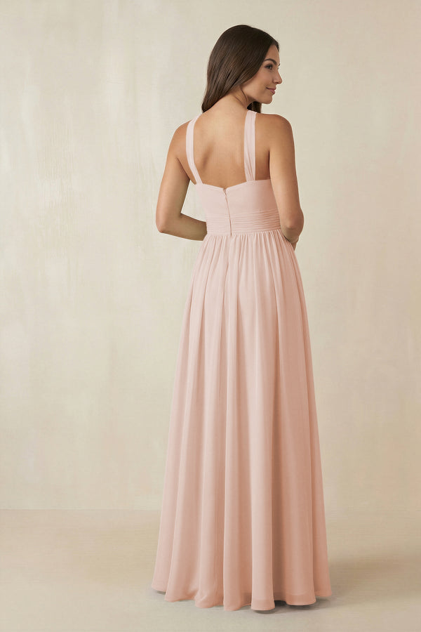 Halter Neck Ruched A-Line Chiffon Dress in Pale Blush - SHE IS ME BRIDESMAID DRESSES