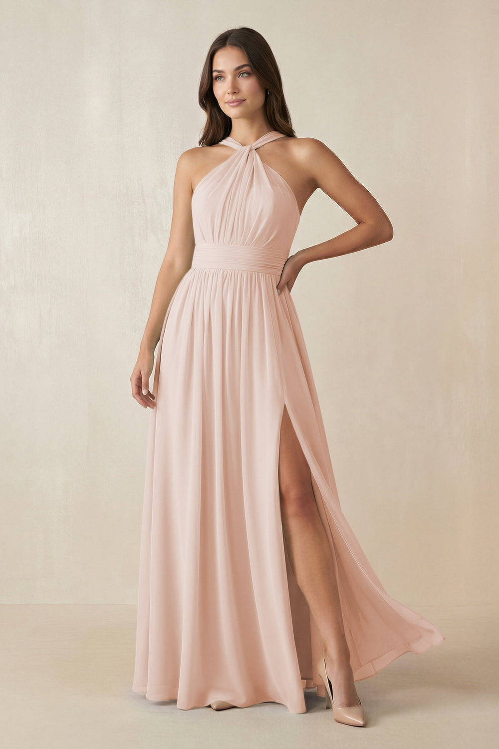 Halter Neck Ruched A-Line Chiffon Dress in Pale Blush - KISS BRIDAL BRIDESMAID DRESSES