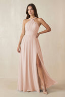 Halter Neck Ruched A-Line Chiffon Dress in Pale Blush - SHE IS ME BRIDESMAID DRESSES
