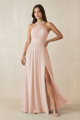 Halter Neck Ruched A-Line Chiffon Dress in Pale Blush - KISS BRIDAL BRIDESMAID DRESSES