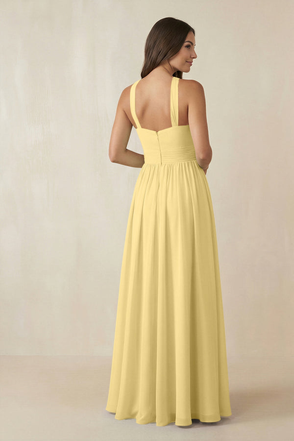 Halter Neck Ruched A-Line Chiffon Dress in Pastel Yellow - SHE IS ME BRIDESMAID DRESSES