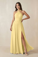 Halter Neck Ruched A-Line Chiffon Dress in Pastel Yellow - SHE IS ME BRIDESMAID DRESSES