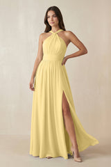 Halter Neck Ruched A-Line Chiffon Dress in Pastel Yellow - KISS BRIDAL BRIDESMAID DRESSES