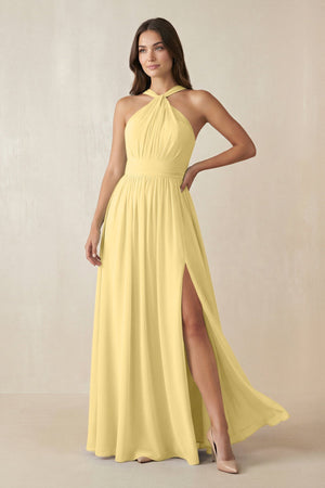 Halter Neck Ruched A-Line Chiffon Dress in Pastel Yellow - SHE IS ME BRIDESMAID DRESSES
