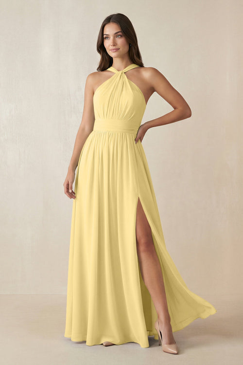 Halter Neck Ruched A-Line Chiffon Dress in Pastel Yellow - SHE IS ME BRIDESMAID DRESSES