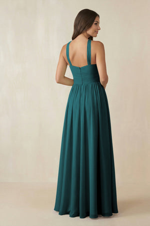 Halter Neck Ruched A-Line Chiffon Dress in Pine - SHE IS ME BRIDESMAID DRESSES
