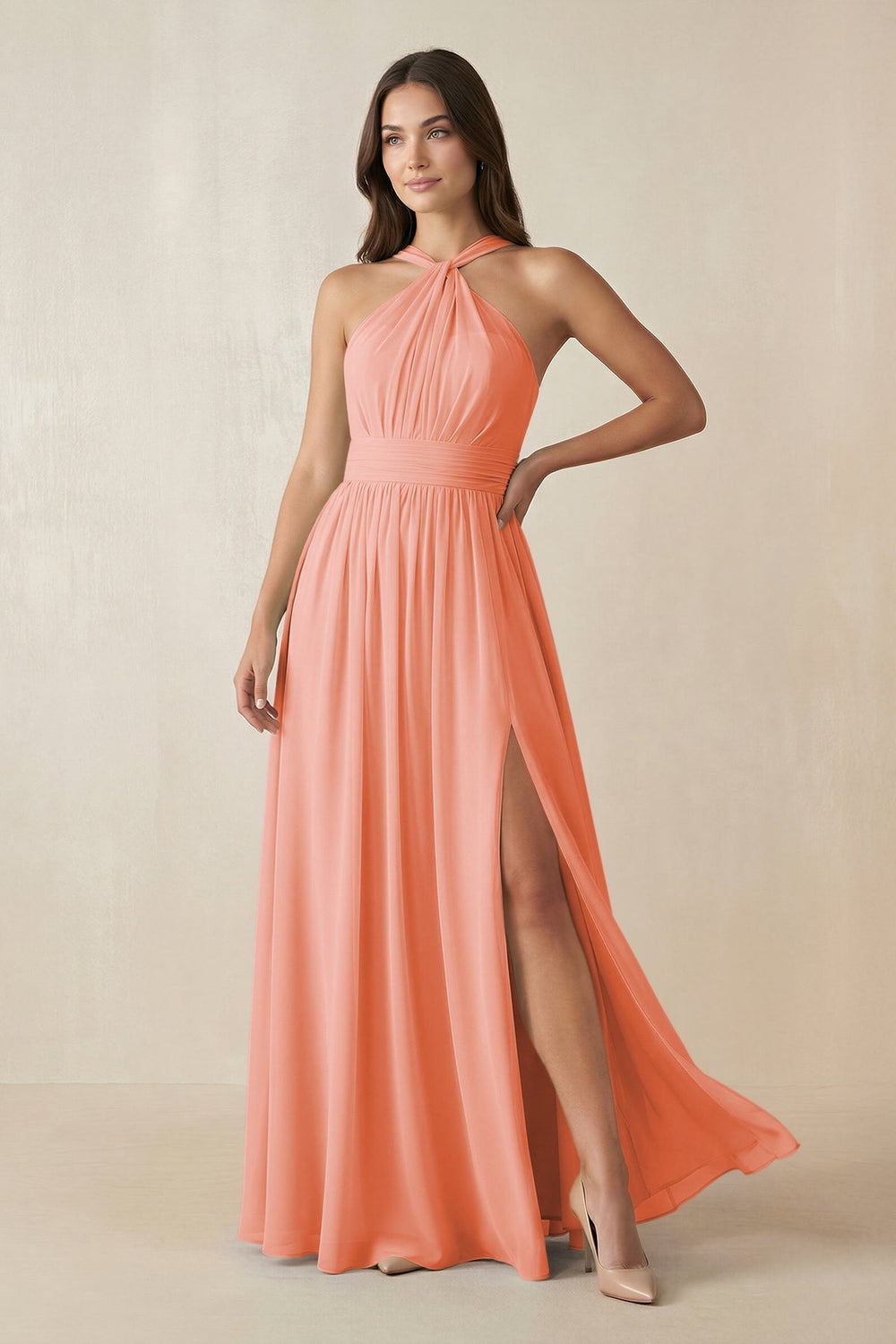 Halter Neck Ruched A-Line Chiffon Dress in Rosette - KISS BRIDAL BRIDESMAID DRESSES