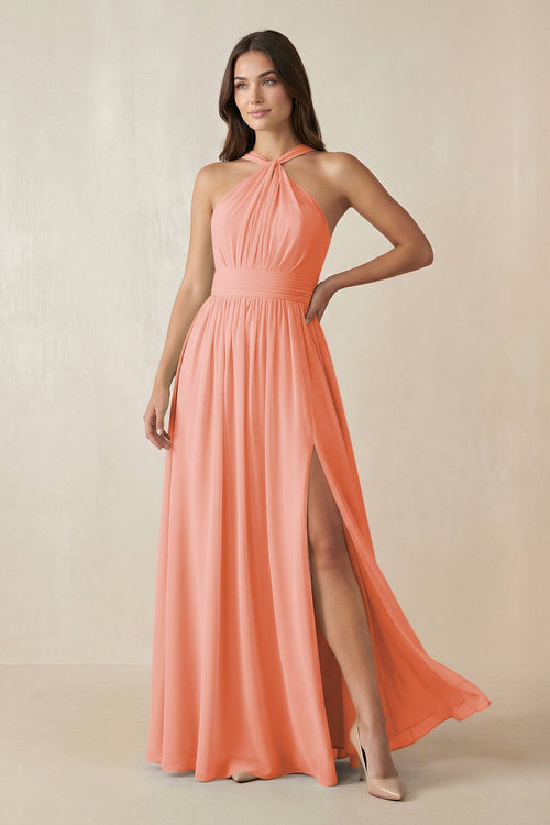 Halter Neck Ruched A-Line Chiffon Dress in Rosette - SHE IS ME BRIDESMAID DRESSES