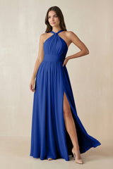 Halter Neck Ruched A-Line Chiffon Dress in Royal Blue - KISS BRIDAL BRIDESMAID DRESSES