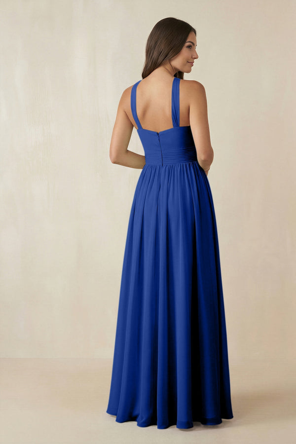 Halter Neck Ruched A-Line Chiffon Dress in Royal Blue - SHE IS ME BRIDESMAID DRESSES