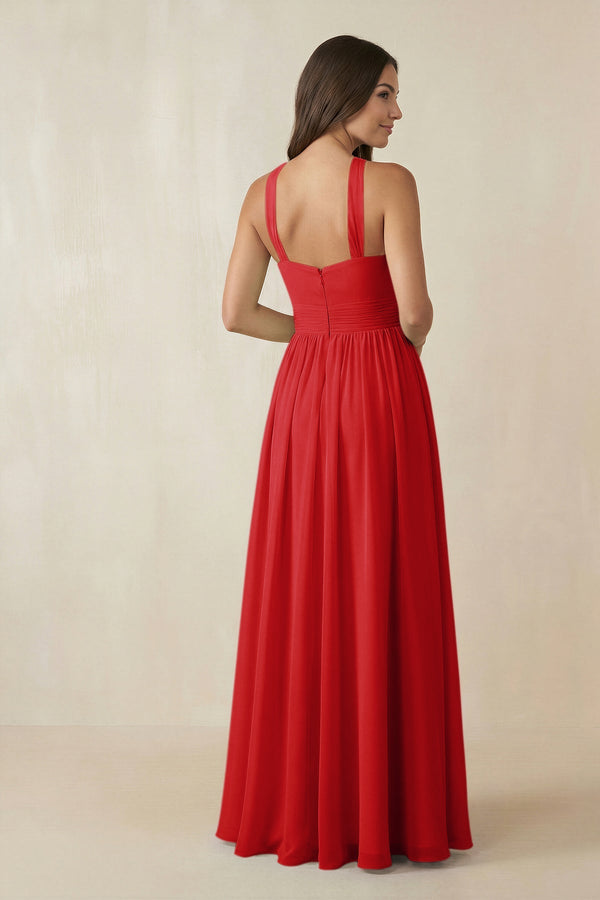 Halter Neck Ruched A-Line Chiffon Dress in Ruby Red - SHE IS ME BRIDESMAID DRESSES