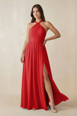 Halter Neck Ruched A-Line Chiffon Dress in Ruby Red - KISS BRIDAL BRIDESMAID DRESSES