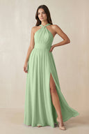 Halter Neck Ruched A-Line Chiffon Dress in Sage - SHE IS ME BRIDESMAID DRESSES