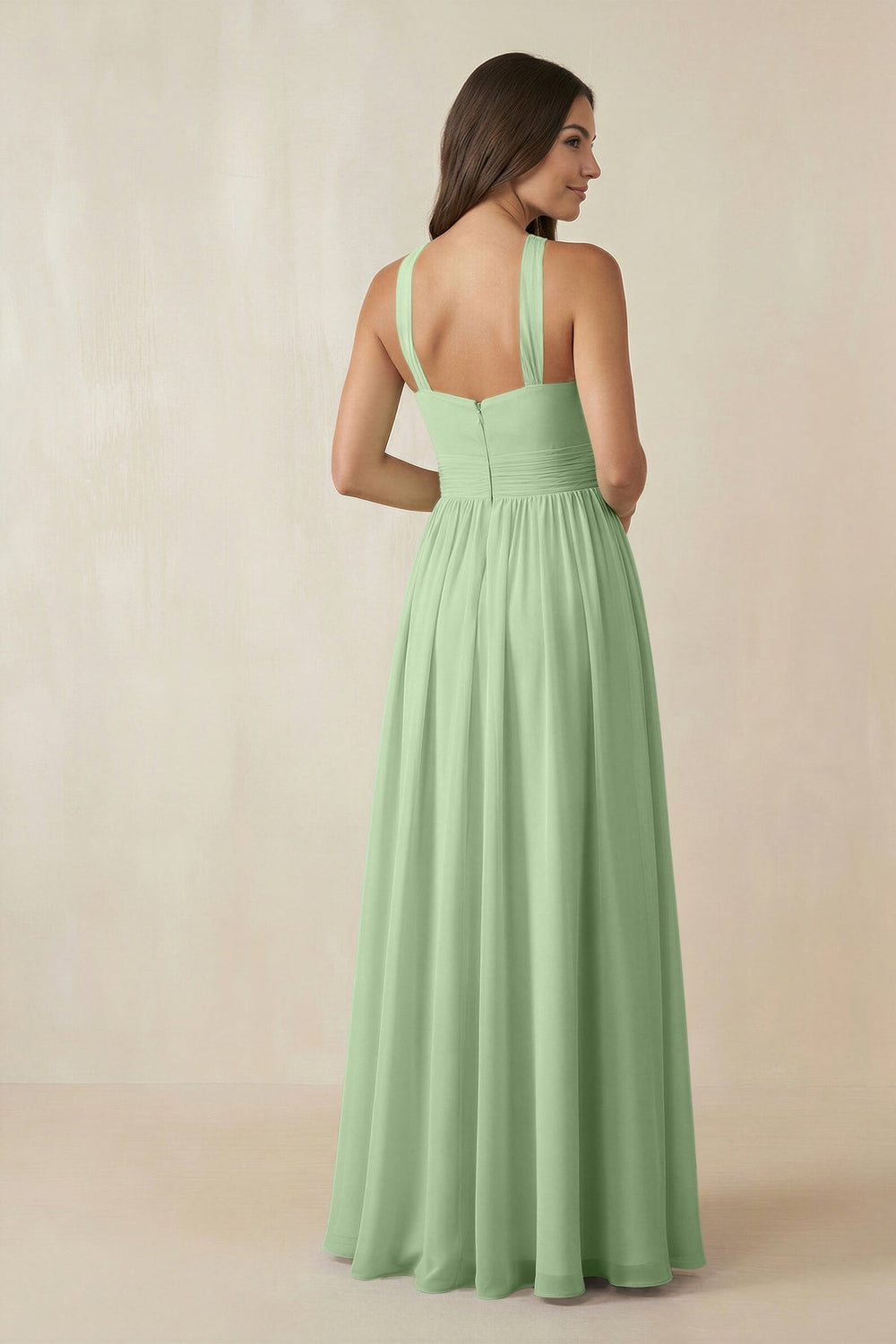 Halter Neck Ruched A-Line Chiffon Dress in Sage - KISS BRIDAL BRIDESMAID DRESSES