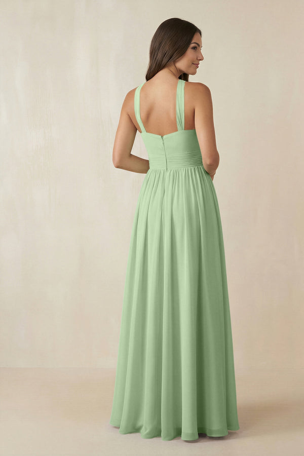 Halter Neck Ruched A-Line Chiffon Dress in Sage - SHE IS ME BRIDESMAID DRESSES