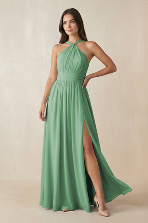 Halter Neck Ruched A-Line Chiffon Dress in Sea Glass - SHE IS ME BRIDESMAID DRESSES