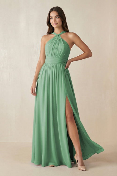 Halter Neck Ruched A-Line Chiffon Dress in Sea Glass - SHE IS ME BRIDESMAID DRESSES