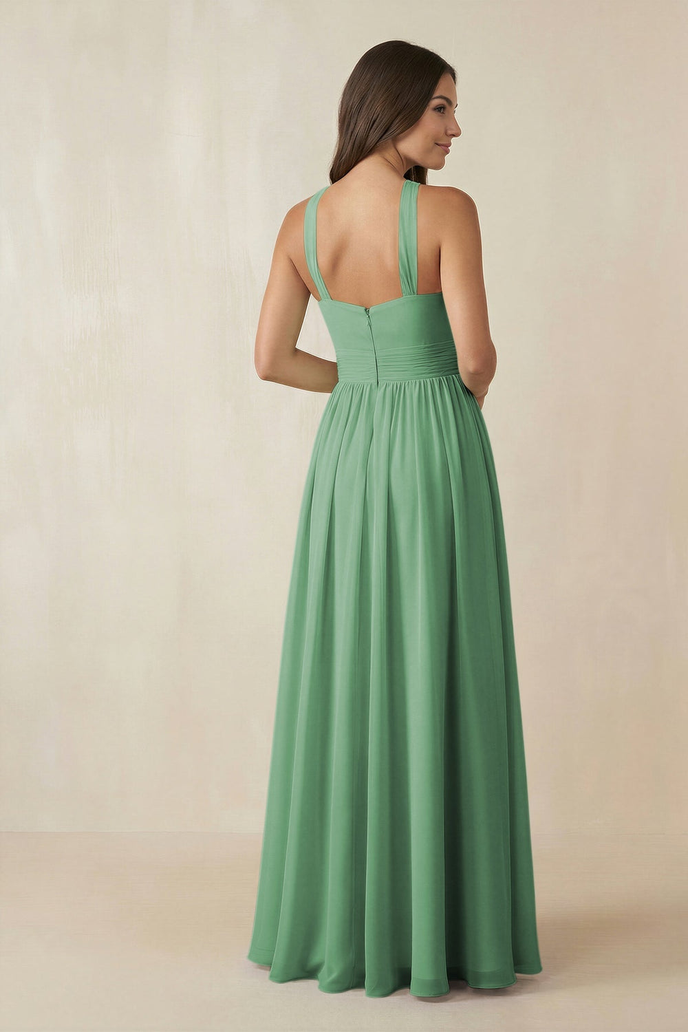 Halter Neck Ruched A-Line Chiffon Dress in Sea Glass - KISS BRIDAL BRIDESMAID DRESSES