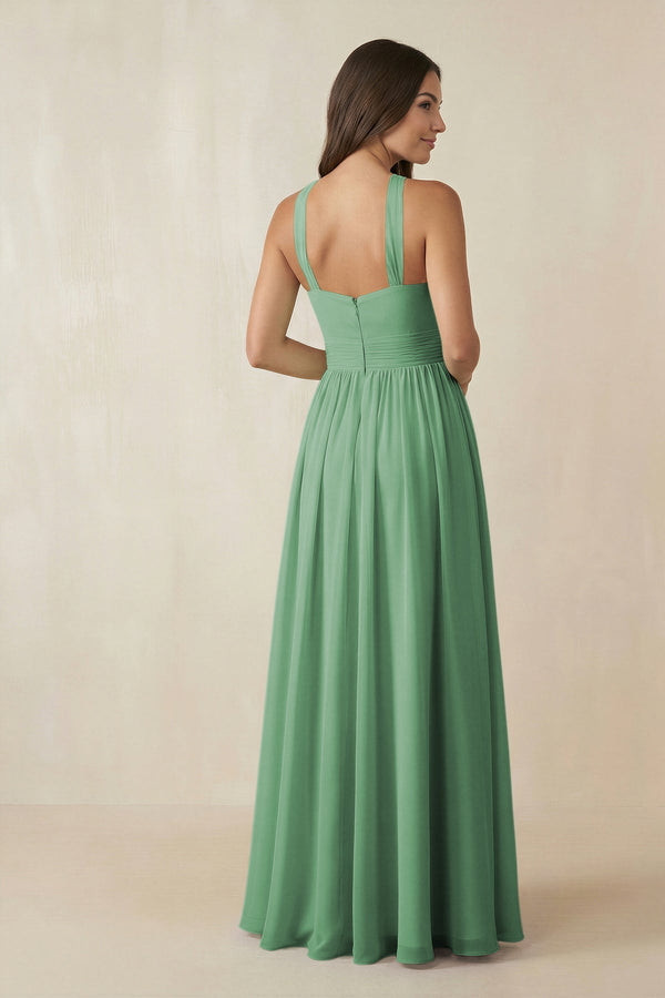 Halter Neck Ruched A-Line Chiffon Dress in Sea Glass - SHE IS ME BRIDESMAID DRESSES