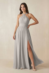 Halter Neck Ruched A-Line Chiffon Dress in Silver - KISS BRIDAL BRIDESMAID DRESSES
