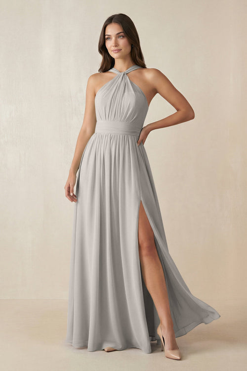 Halter Neck Ruched A-Line Chiffon Dress in Silver - SHE IS ME BRIDESMAID DRESSES