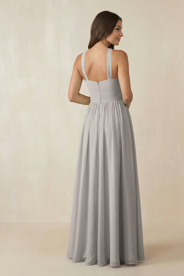 Halter Neck Ruched A-Line Chiffon Dress in Silver - SHE IS ME BRIDESMAID DRESSES