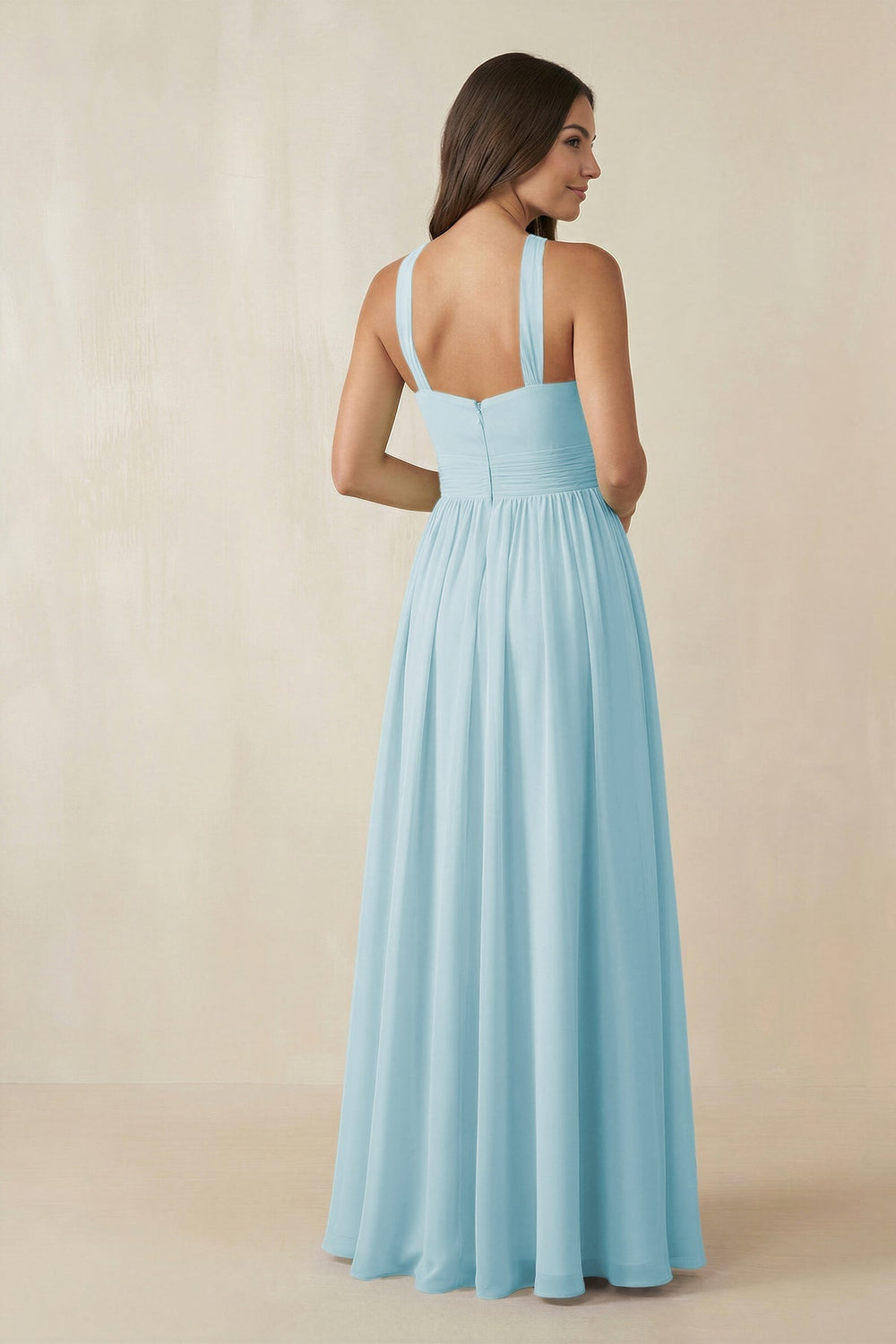 Halter Neck Ruched A-Line Chiffon Dress in Sky Blue - KISS BRIDAL BRIDESMAID DRESSES