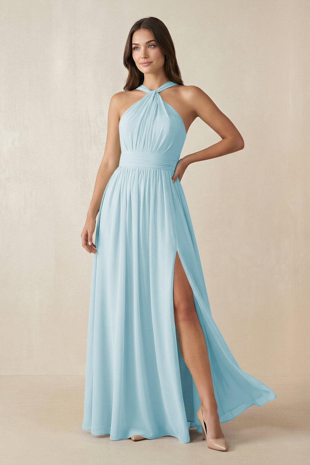 Halter Neck Ruched A-Line Chiffon Dress in Sky Blue - KISS BRIDAL BRIDESMAID DRESSES