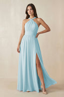 Halter Neck Ruched A-Line Chiffon Dress in Sky Blue - SHE IS ME BRIDESMAID DRESSES