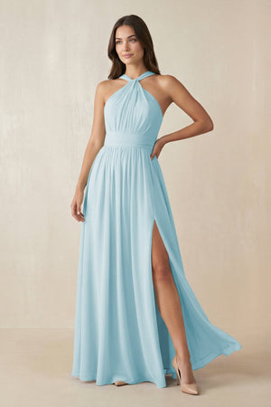 Halter Neck Ruched A-Line Chiffon Dress in Sky Blue - SHE IS ME BRIDESMAID DRESSES