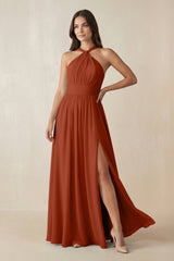 Halter Neck Ruched A-Line Chiffon Dress in Spice - KISS BRIDAL BRIDESMAID DRESSES