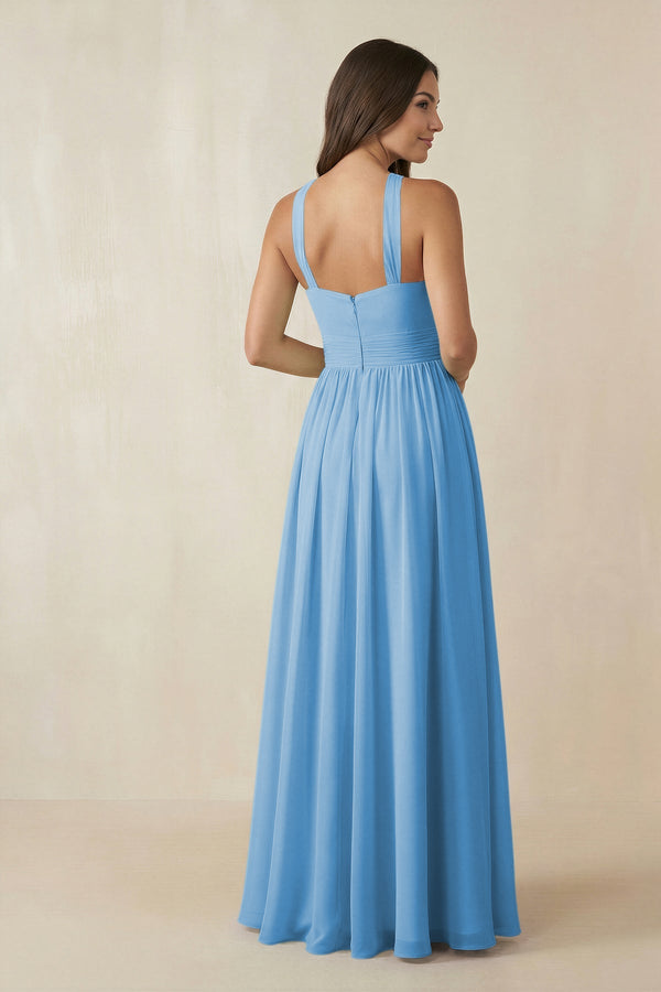 Halter Neck Ruched A-Line Chiffon Dress in Steel Blue - SHE IS ME BRIDESMAID DRESSES