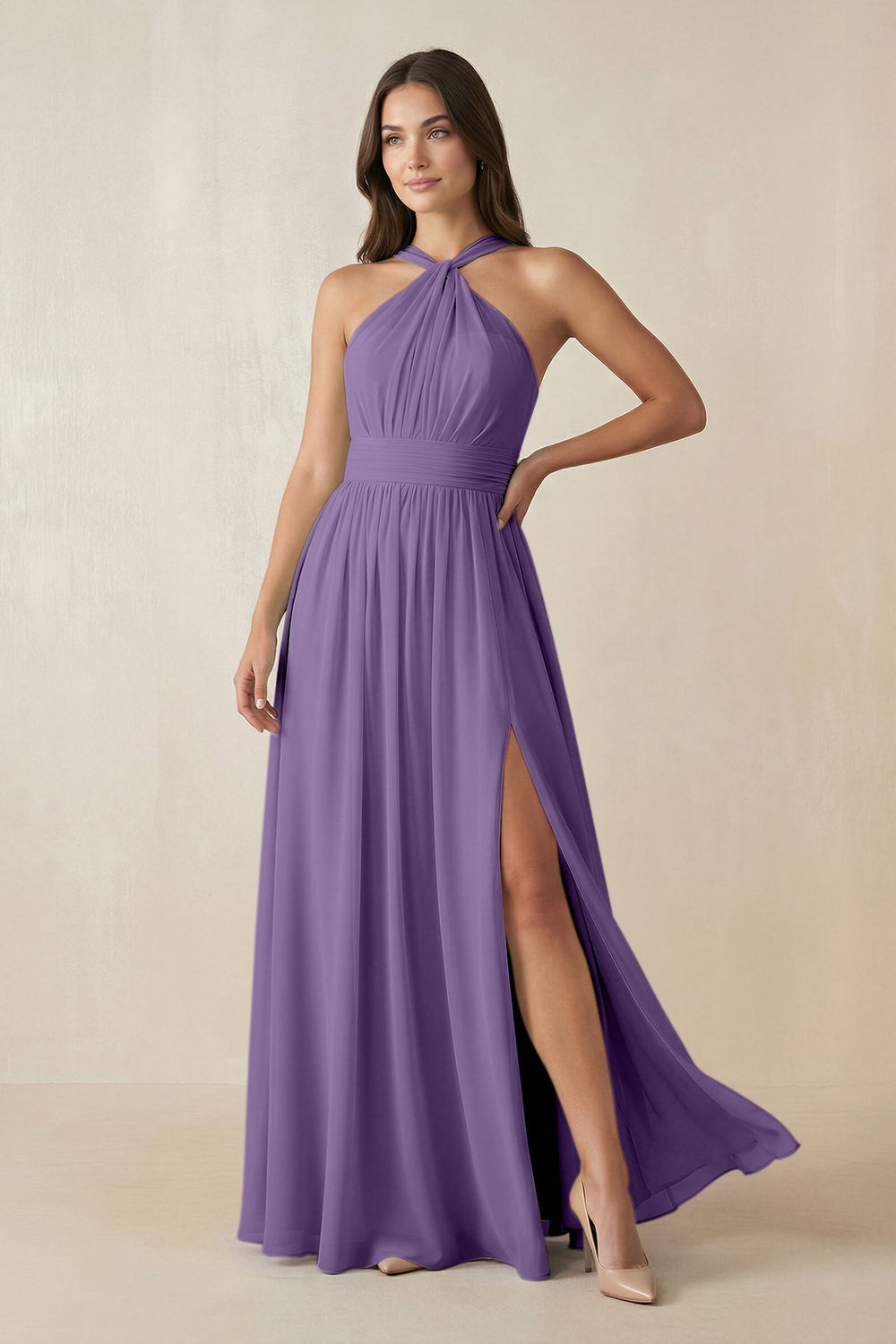 Halter Neck Ruched A-Line Chiffon Dress in Tahiti - KISS BRIDAL BRIDESMAID DRESSES
