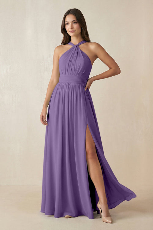 Halter Neck Ruched A-Line Chiffon Dress in Tahiti - SHE IS ME BRIDESMAID DRESSES