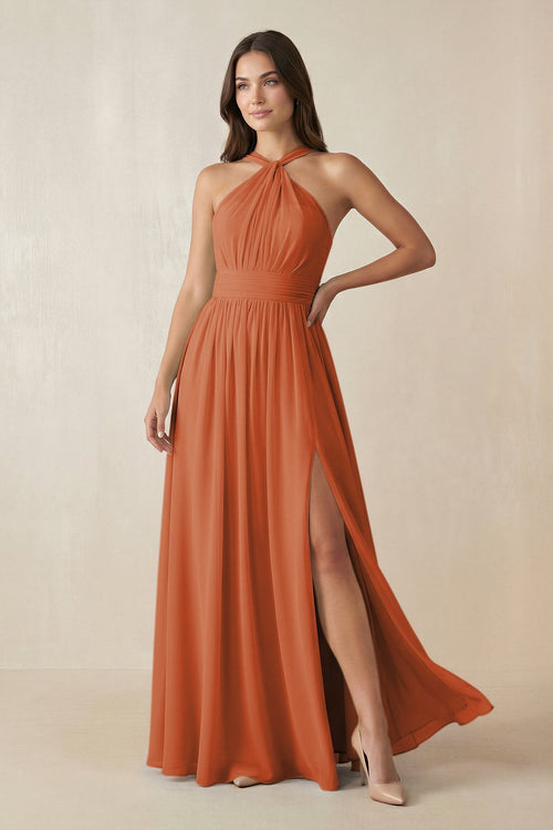 Halter Neck Ruched A-Line Chiffon Dress in Terracotta - SHE IS ME BRIDESMAID DRESSES