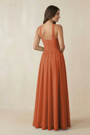 Halter Neck Ruched A-Line Chiffon Dress in Terracotta - SHE IS ME BRIDESMAID DRESSES