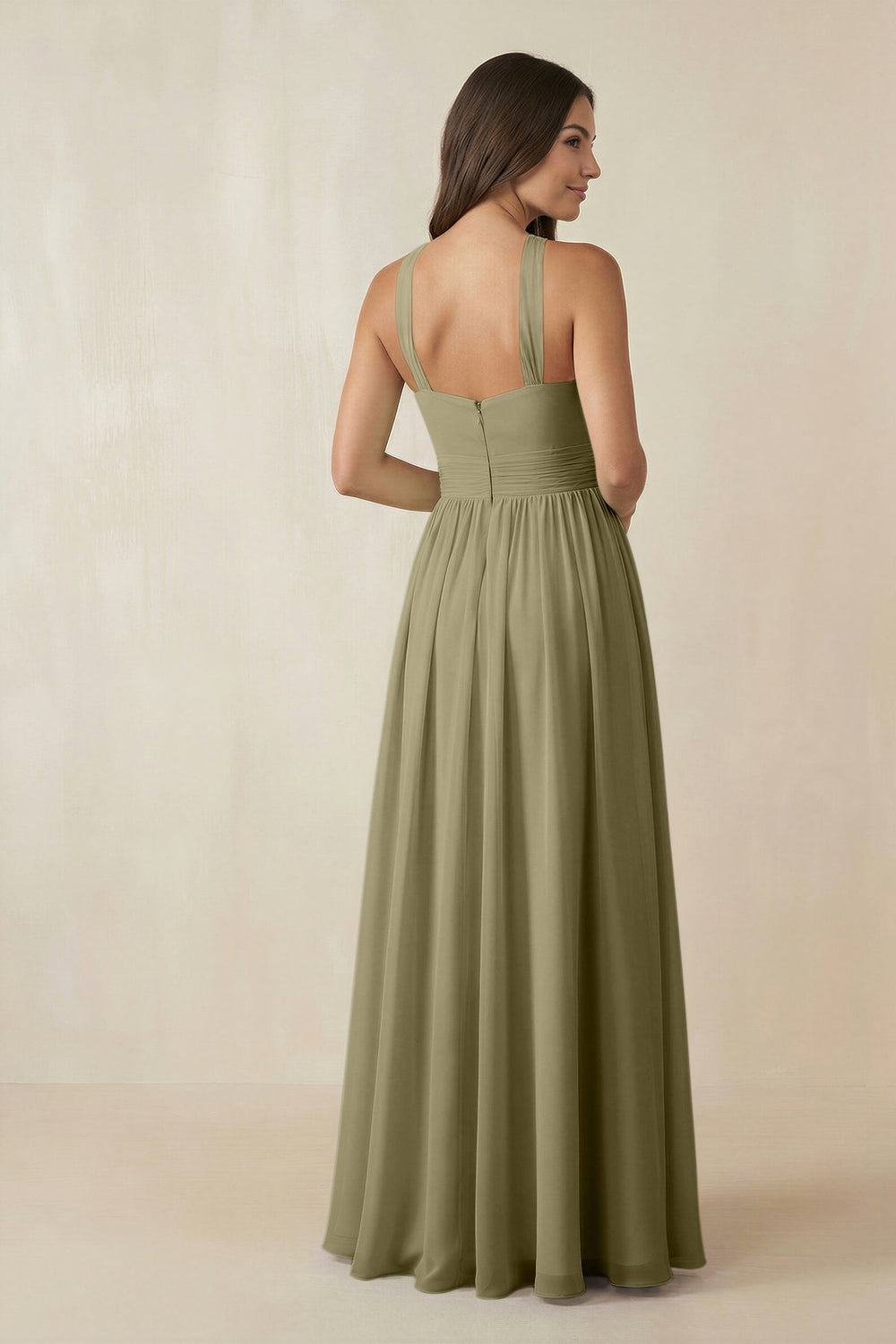 Halter Neck Ruched A-Line Chiffon Dress in Thyme - KISS BRIDAL BRIDESMAID DRESSES