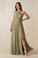 Halter Neck Ruched A-Line Chiffon Dress in Thyme - SHE IS ME BRIDESMAID DRESSES