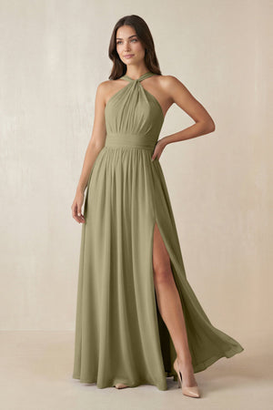 Halter Neck Ruched A-Line Chiffon Dress in Thyme - SHE IS ME BRIDESMAID DRESSES