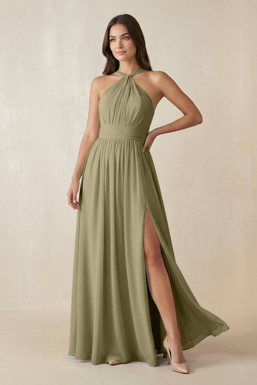 Halter Neck Ruched A-Line Chiffon Dress in Thyme - SHE IS ME BRIDESMAID DRESSES
